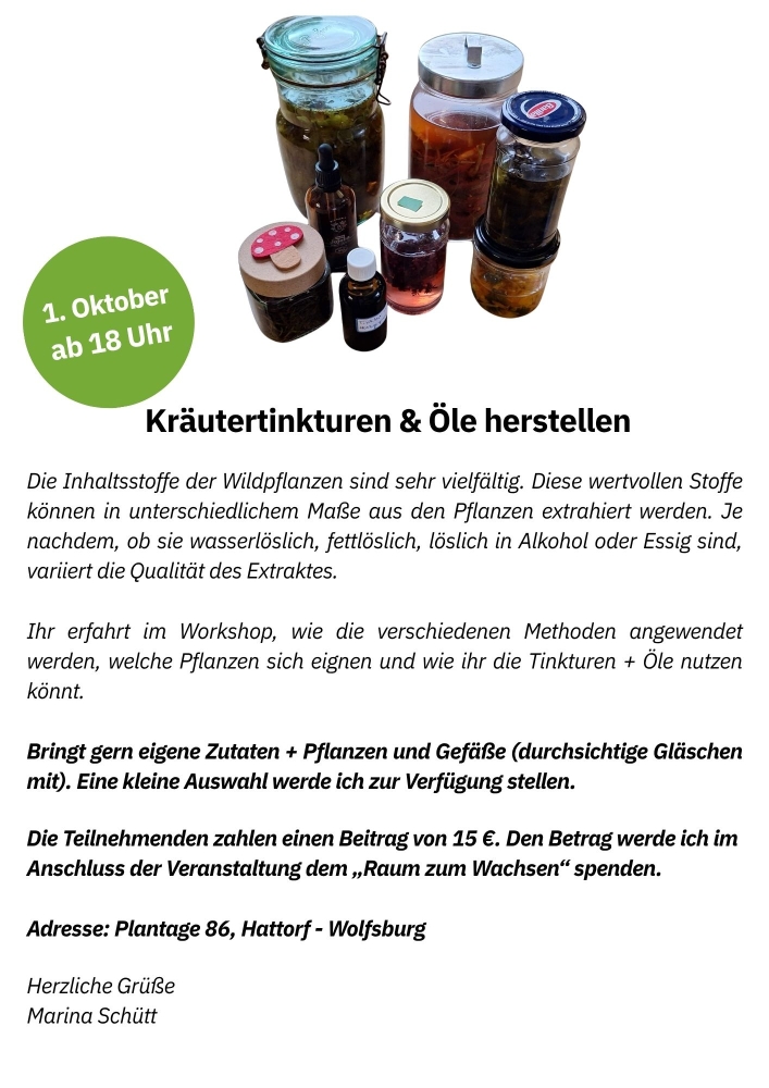 Donnerstag, 1. Oktober, 18h, Kräutertinkturen & Öle herstellen